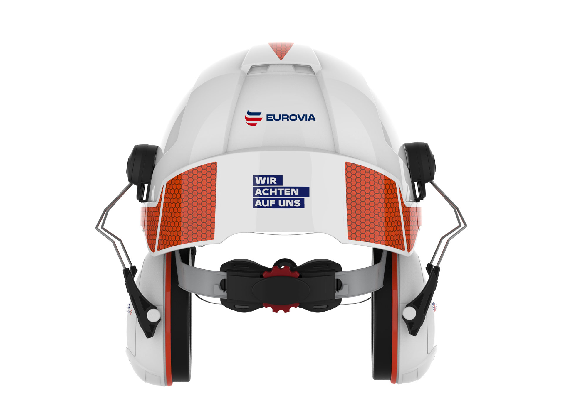 weißer EUROVIA Helm mit der Aufschrift "Wir achten auf uns" 