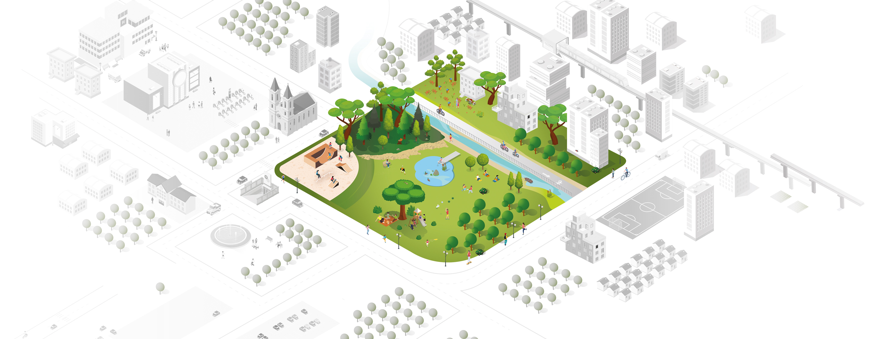 Illustration eines Parks mit Kühloasen in der Stadt.