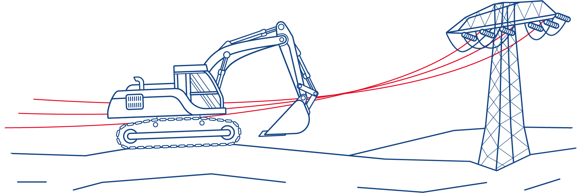 Icon eines Baggers und eines Strommasts, das Bau und Energie darstellt.