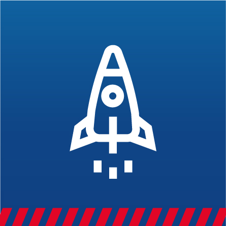 Icon einer Rakete auf dunkelblauem Hintergrund mit rotem gestricheltem Streifen unten.