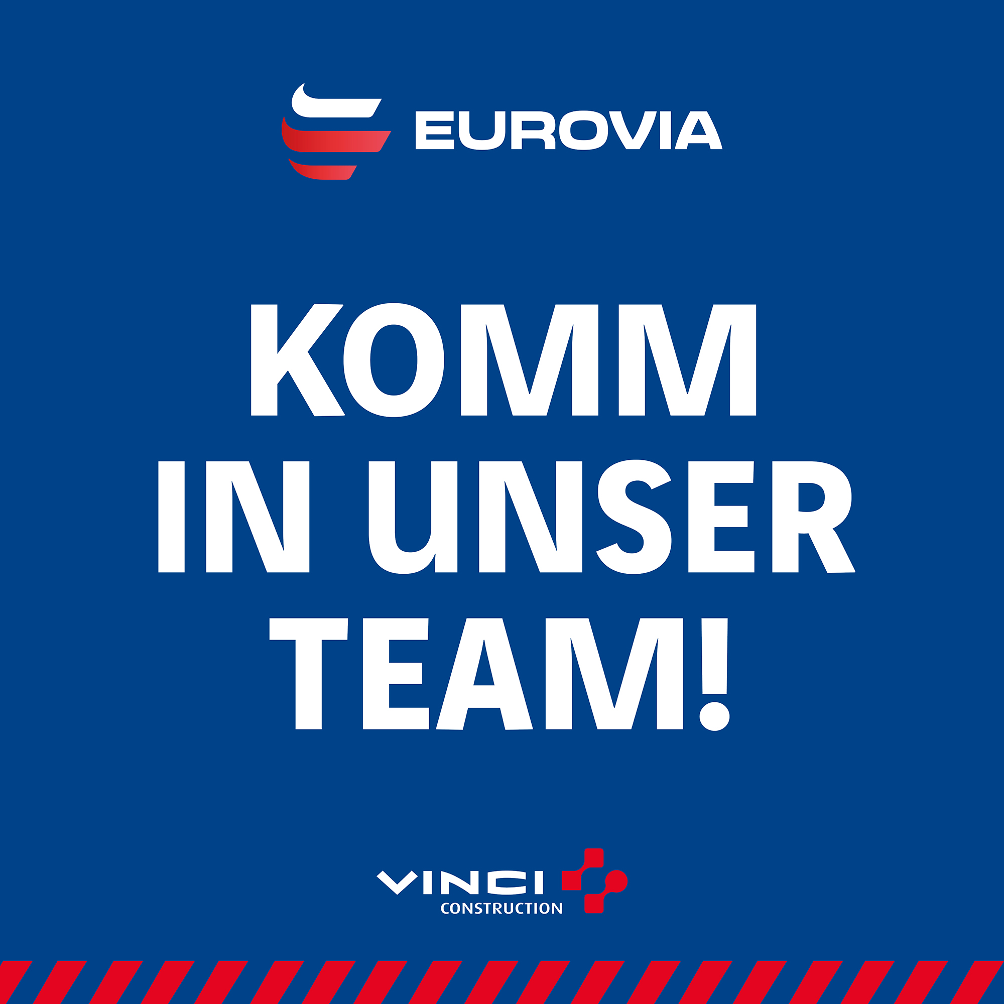 Blaue Kachel mit der Aufschrift: "Komm in unser Team!"