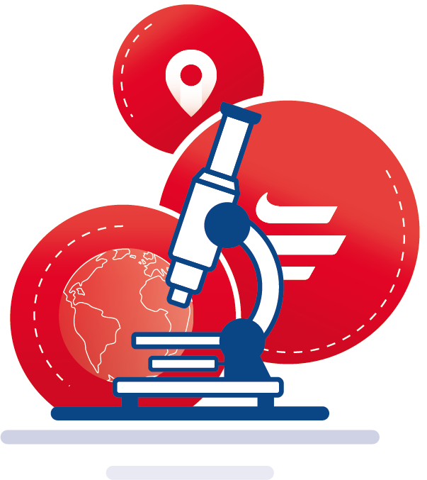 Icon mit einem Mikroskop und im Hintergrund drei rote Kreise mit jeweils Symbolen drin: Standort-Nadel, EUROVIA Zeichen, die Welt.