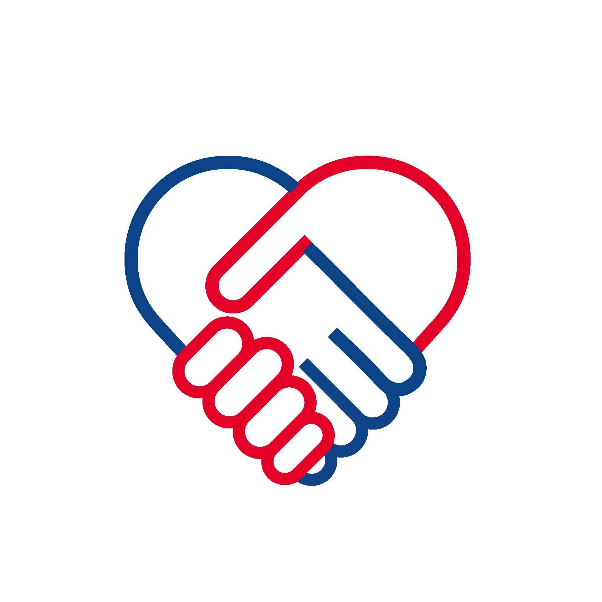Icon von einer blauen und einer roten Hand, die sich die Hände schütteln und dabei eine Herzform bilden.
