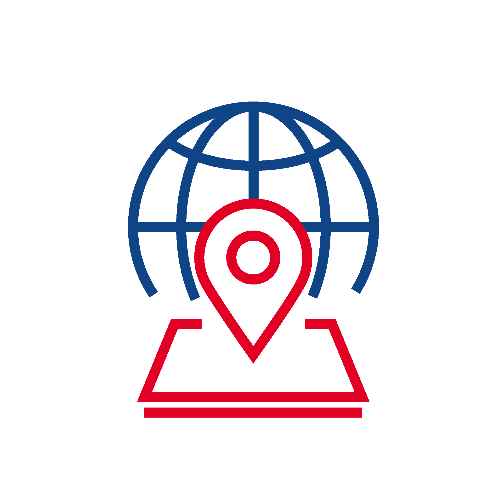 Icon einer Weltkugel mit Pinnadel auf einer Karte, das regionale und globale Verbindungen symbolisiert.